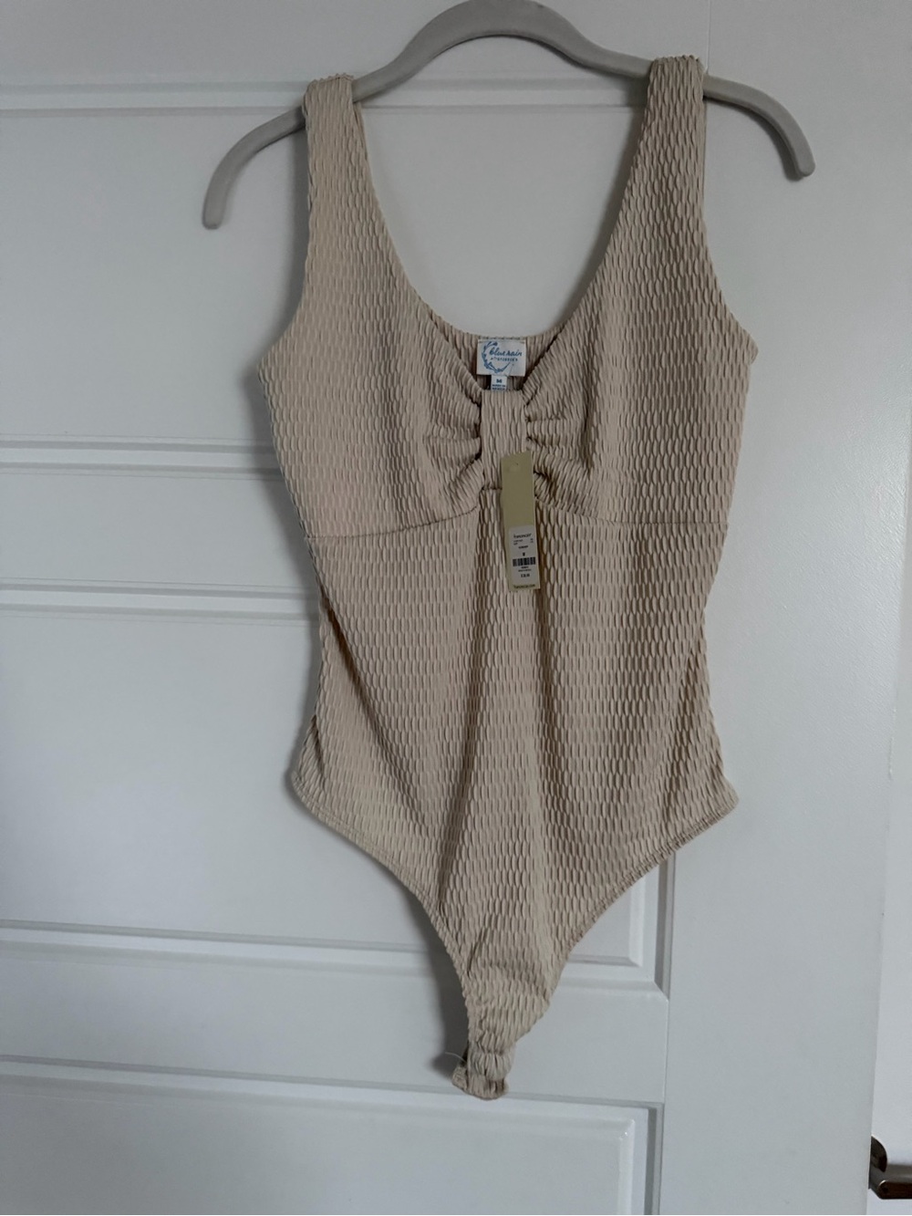 Francesca's Collections Beige Textured Scoop Neck Bodysuit with Front Gather